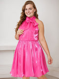 [Plus Size] Rose Red 1950s Halter Satin Bow Dress