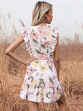 White Floral Ruffles Belt Dress