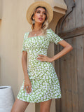 Green Floral Peasant Sleeve Dress