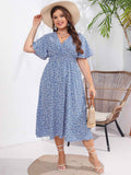 [Plus Size] 1950s V-Neck Cap Sleeve Floral Dress