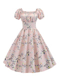 1950s Pink Floral Puff Sleeve Dress