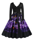 Black 1950s Halloween V-Neck Pumpkin Swing Dress