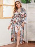 [Plus Size] Gray 1930s V-Neck Floral Sleepwear