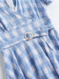Blue 1950s Plaid Belt Swing Dress