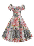 1950s Floral Patchwork Puff Sleeve Dress