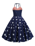 Navy 1950s Halter Stripes Flag Dress