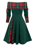 1950s Plaid Patchwork Lace-Up Off-Shoulder Dress