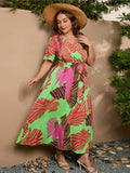 [Plus Size] Bright Green 1930s Leaf V-Neck Dress With Belt