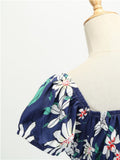 1950s Blue Floral Puff Sleeve Dress