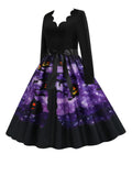 Black 1950s Halloween V-Neck Pumpkin Swing Dress
