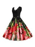 Black V-Neck Floral Bow Dress