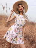 White Floral Ruffles Belt Dress