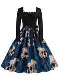 Blue 1950s Square Neck Skull Rose Dress