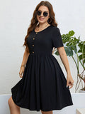 [Plus Size] Black 1950s Fabric Button Solid Dress