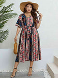 [Plus Size] 1950s V-Neck Geometric Tie Waist Dress