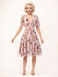 Pink Flowers And Birds Bowknot V-Neck Dress