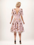 Pink Flowers And Birds Bowknot V-Neck Dress