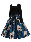 Blue 1950s Square Neck Skull Rose Dress