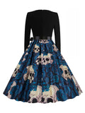 Blue 1950s Square Neck Skull Rose Dress