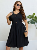 [Plus Size] Black 1950s Fabric Button Solid Dress