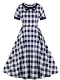 Navy 1950s Plaid Cross Tie Swing Dress