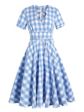 Blue 1950s Plaid Belt Swing Dress