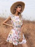 White Floral Ruffles Belt Dress