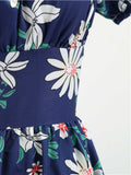 1950s Blue Floral Puff Sleeve Dress