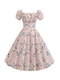 1950s Pink Floral Puff Sleeve Dress