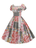1950s Floral Patchwork Puff Sleeve Dress