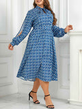 [Plus Size] Blue 1940s Lace Up Puff Sleeve Dress