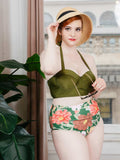Olive Lace-Up Halter Flowers Bikini Set