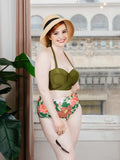 Olive Lace-Up Halter Flowers Bikini Set