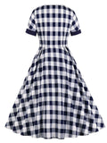 Navy 1950s Plaid Cross Tie Swing Dress