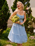 Sky Blue 1950s Strap Polka Dot Swing Dress