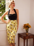 Black 1960s Halter Sunflower Pencil Dress