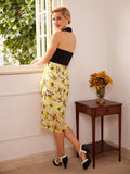 Black 1960s Halter Sunflower Pencil Dress