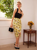 Black 1960s Halter Sunflower Pencil Dress