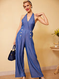 Blue 1930s Button Halter Solid Jumpsuit