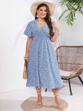 [Plus Size] 1950s V-Neck Cap Sleeve Floral Dress