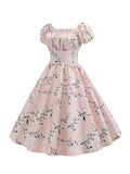 1950s Pink Floral Puff Sleeve Dress