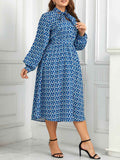 [Plus Size] Blue 1940s Lace Up Puff Sleeve Dress