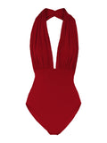 Pink 1930s Retro Halter Solid One-piece Swimsuit