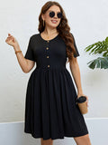 [Plus Size] Black 1950s Fabric Button Solid Dress