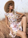 White Floral Ruffles Belt Dress