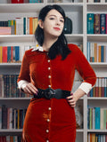 Orange 1930s Belted Velvet Work Dress