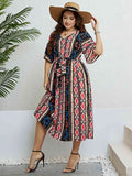 [Plus Size] 1950s V-Neck Geometric Tie Waist Dress