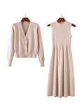 2PCS Solid Knitting Cardigan & Dress