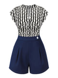 2PCS 1950s Black Curves Blouse & Navy Blue Shorts