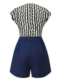 2PCS 1950s Black Curves Blouse & Navy Blue Shorts